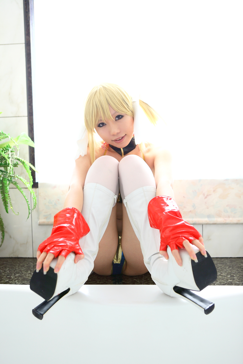 asian bikini blonde_hair breasts cosplay female gloves high_heels long_hair midriff navel shoes socks solo twintails
