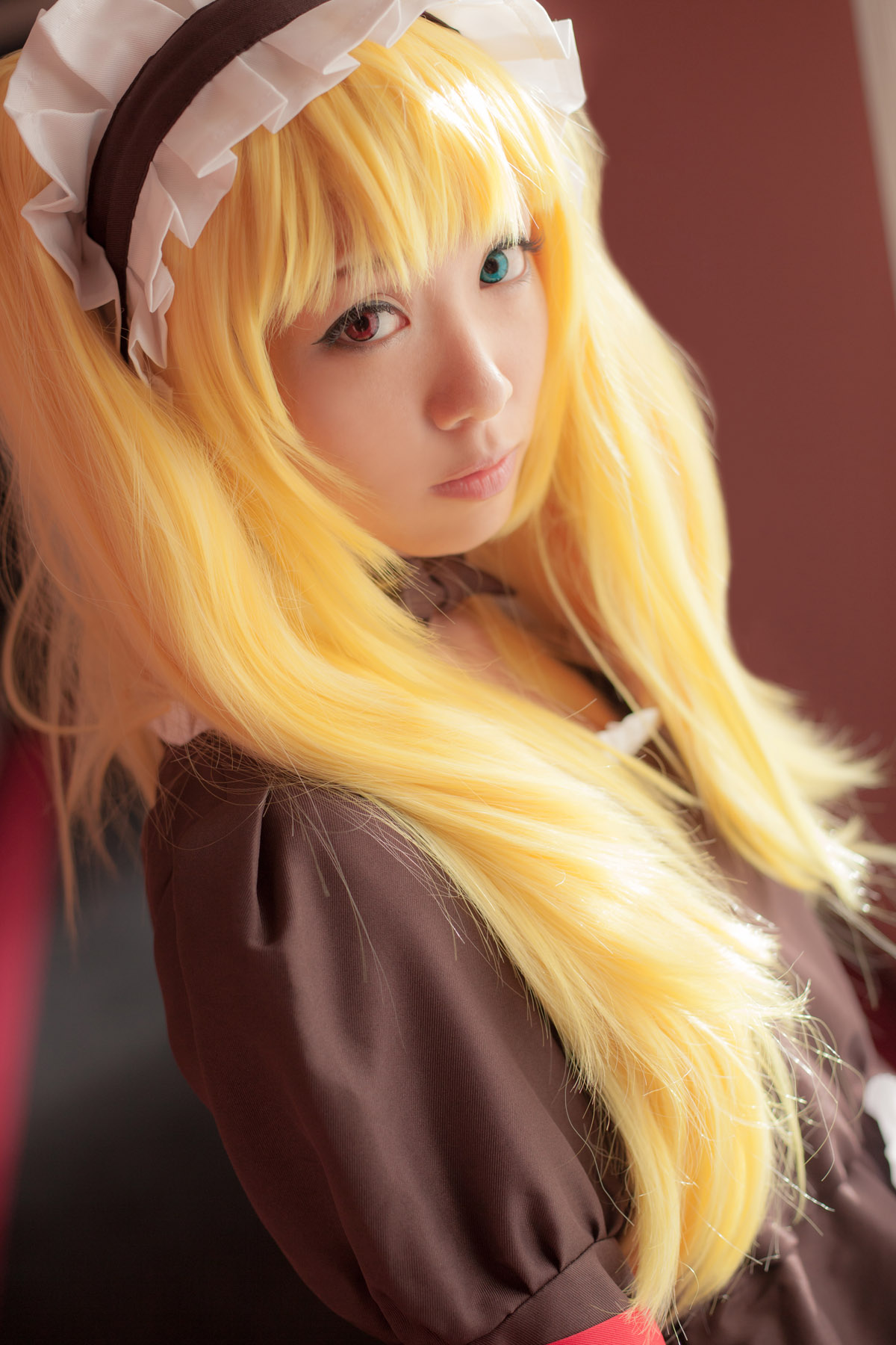 asian blonde_hair breasts cosplay dress female high_heels large_breasts long_hair shoes solo thighhighs twintails