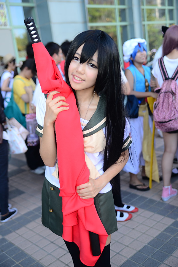 1girl asian black_hair breasts cosplay female long_hair shakugan_no_shana shana solo sword