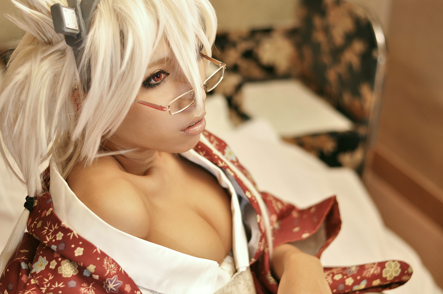 asian breasts cosplay female glasses headband large_breasts long_hair nonsummerjack solo white_hair