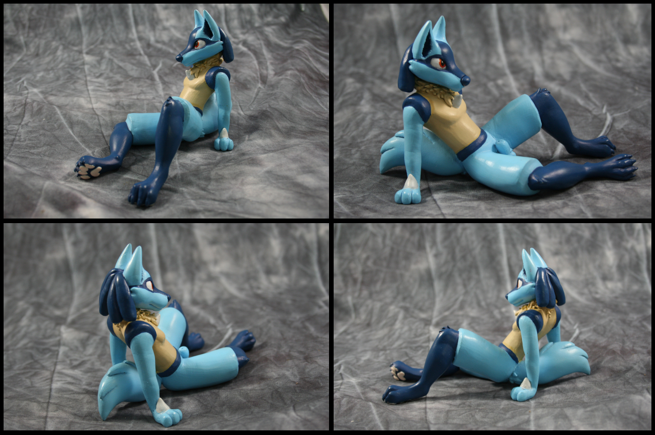 anthro arm_support balls blue_fur canine claytail feet figure fully_sheathed fur lucario male male_only mammal nintendo nude pawpads paws pokemon presenting reclining red_eyes sculpture sheath sitting solo traditional_media_(artwork) video_games yellow_fur