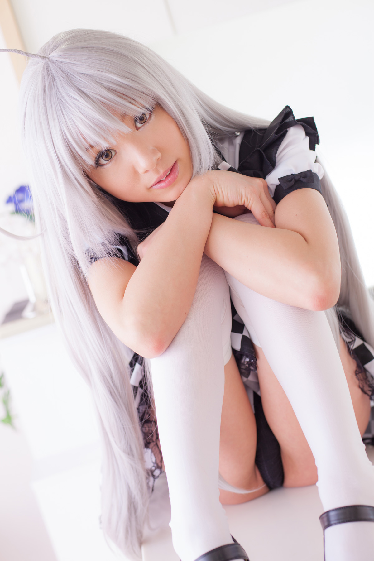 apron asian breasts cosplay female grey_hair high_heels long_hair panties shoes skirt solo thighhighs