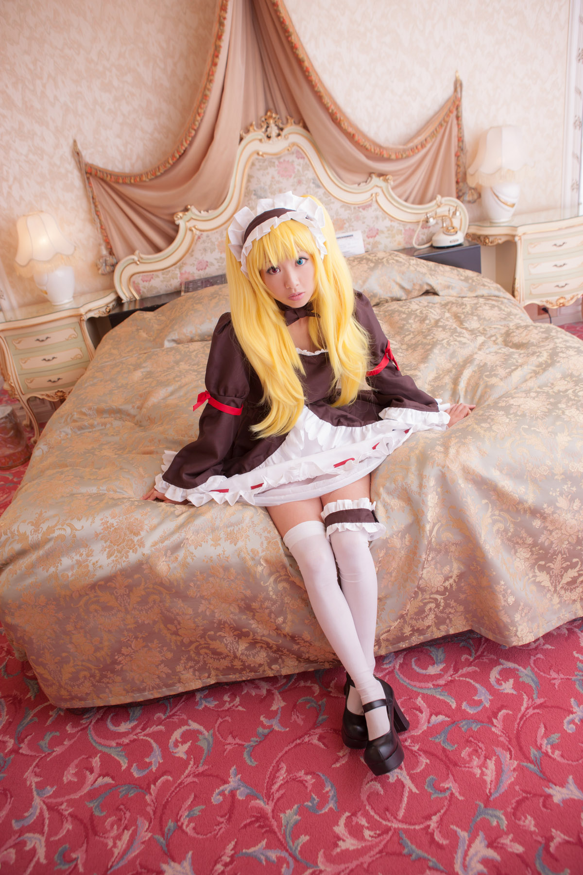 asian blonde_hair breasts cosplay dress female high_heels large_breasts long_hair shoes solo thighhighs twintails