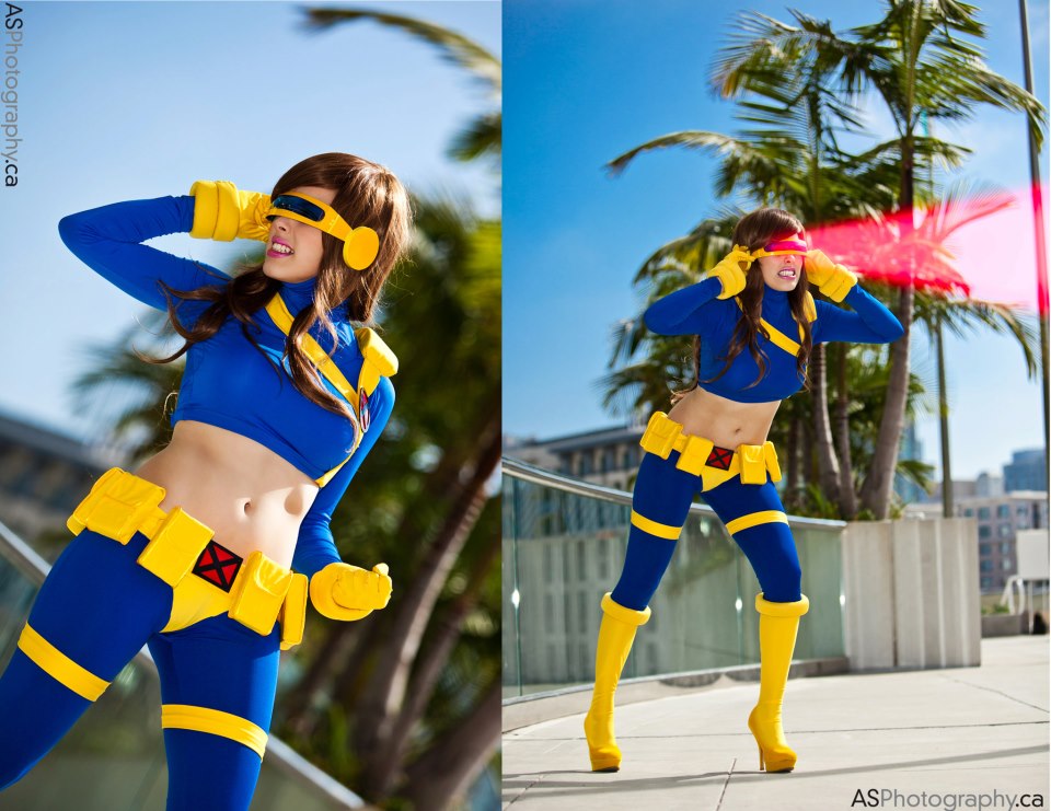 brown_hair cosplay cyclops_(character) genderswap gloves long_hair marvel non-nude photo real real_person scott_summers x-men