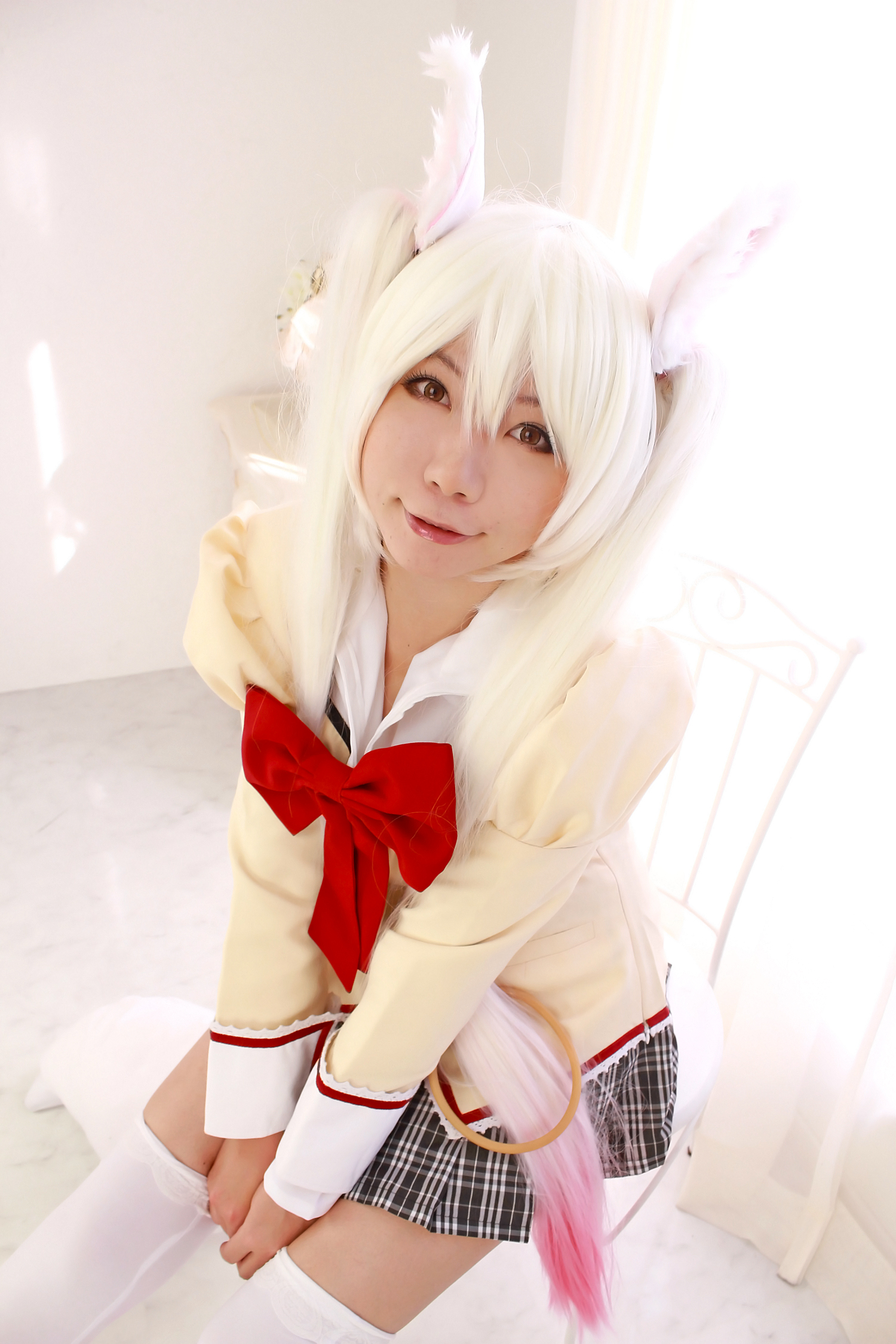 animal_ears asian breasts cosplay female high_heels long_hair shoes skirt socks solo twintails white_hair
