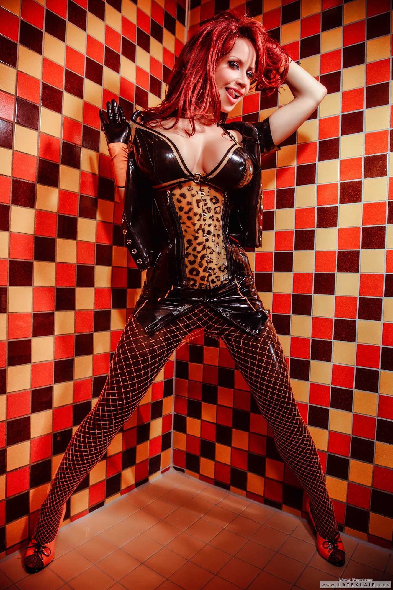 bianca_beauchamp bra breasts cleavage corset female fishnets large_breasts latex long_hair red_hair skirt solo watermark