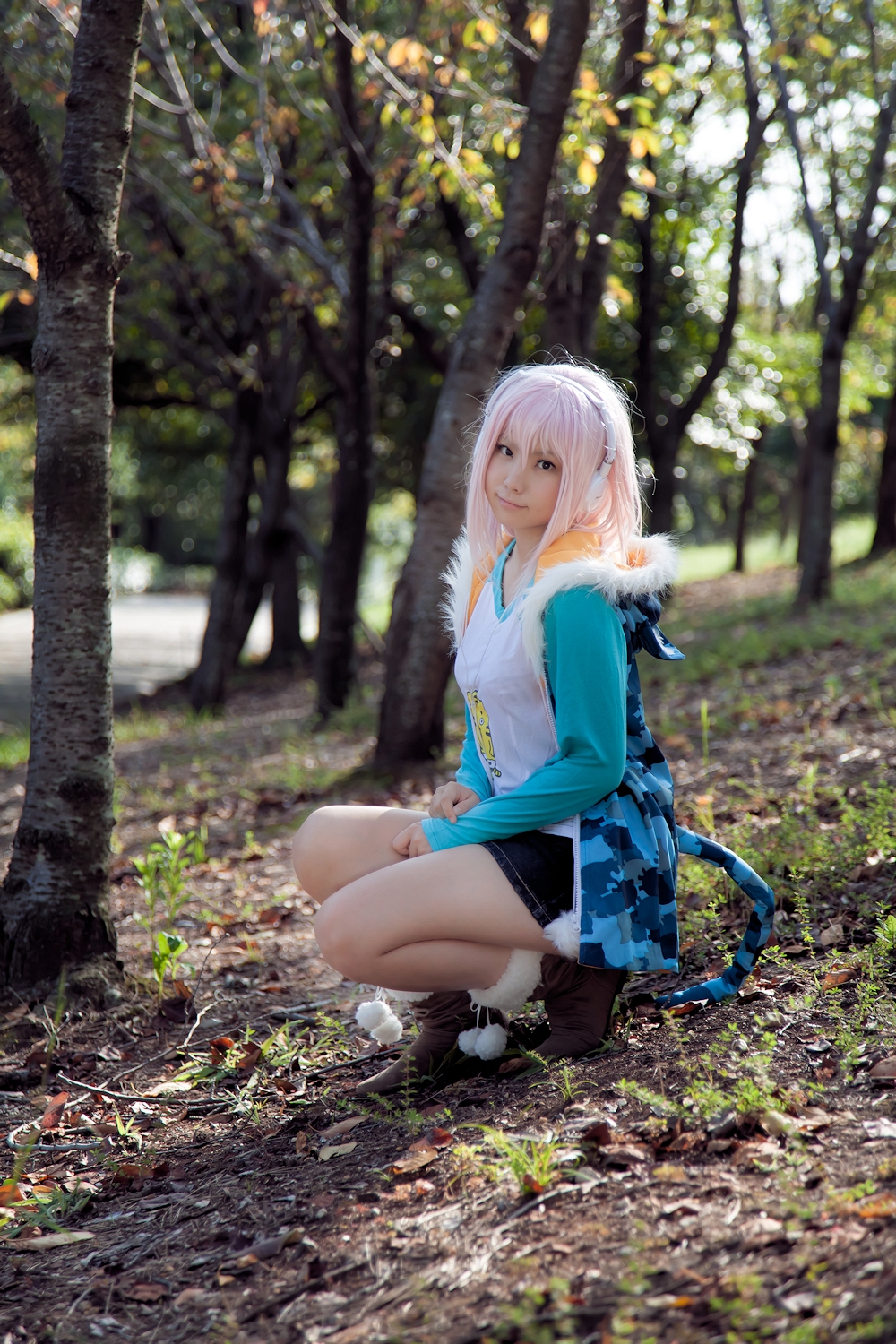 asian boots breasts cosplay enako female headphones long_hair outside pink_hair skirt solo