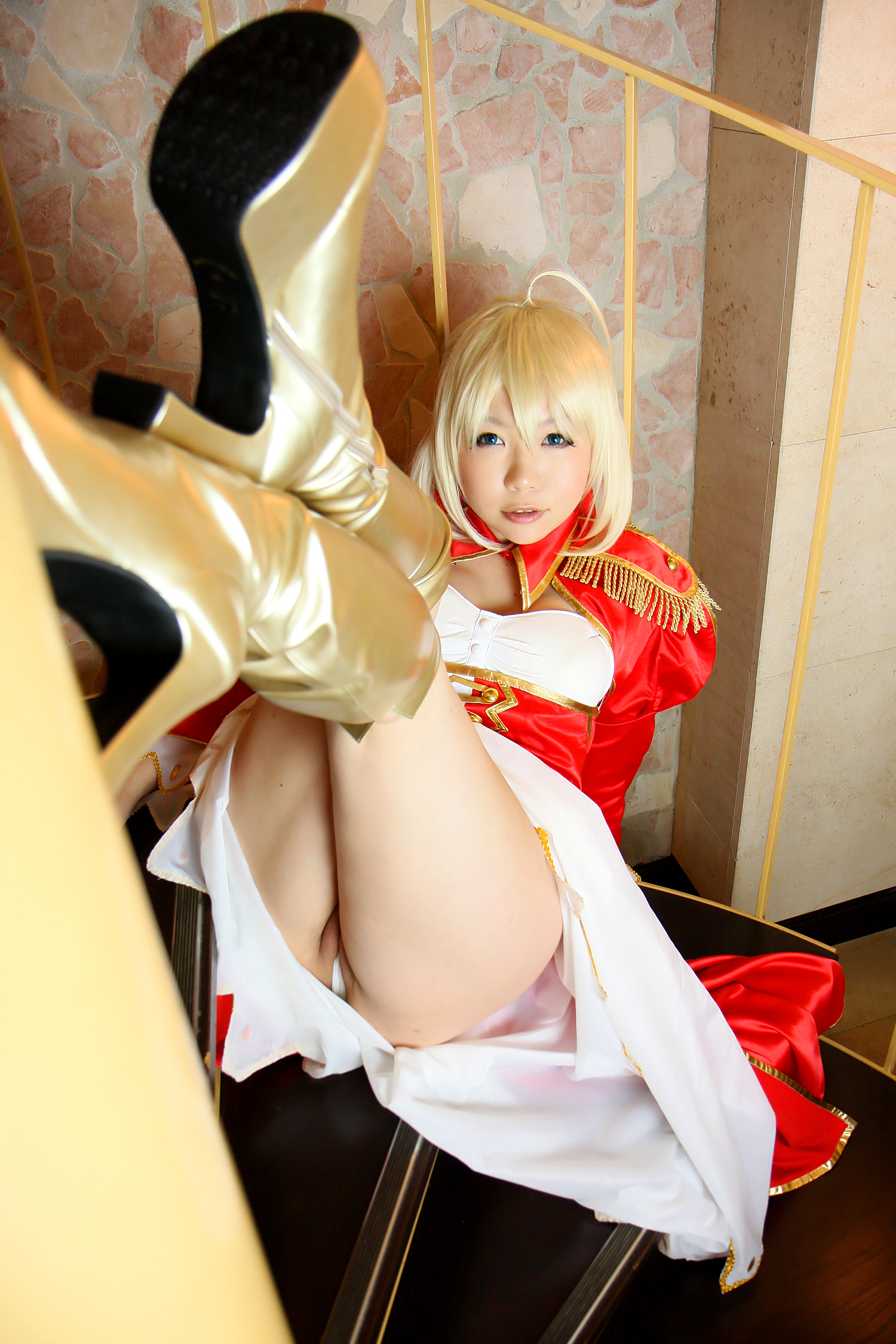 asian blonde_hair boots breasts cosplay dress female high_heels long_hair panties solo stairs