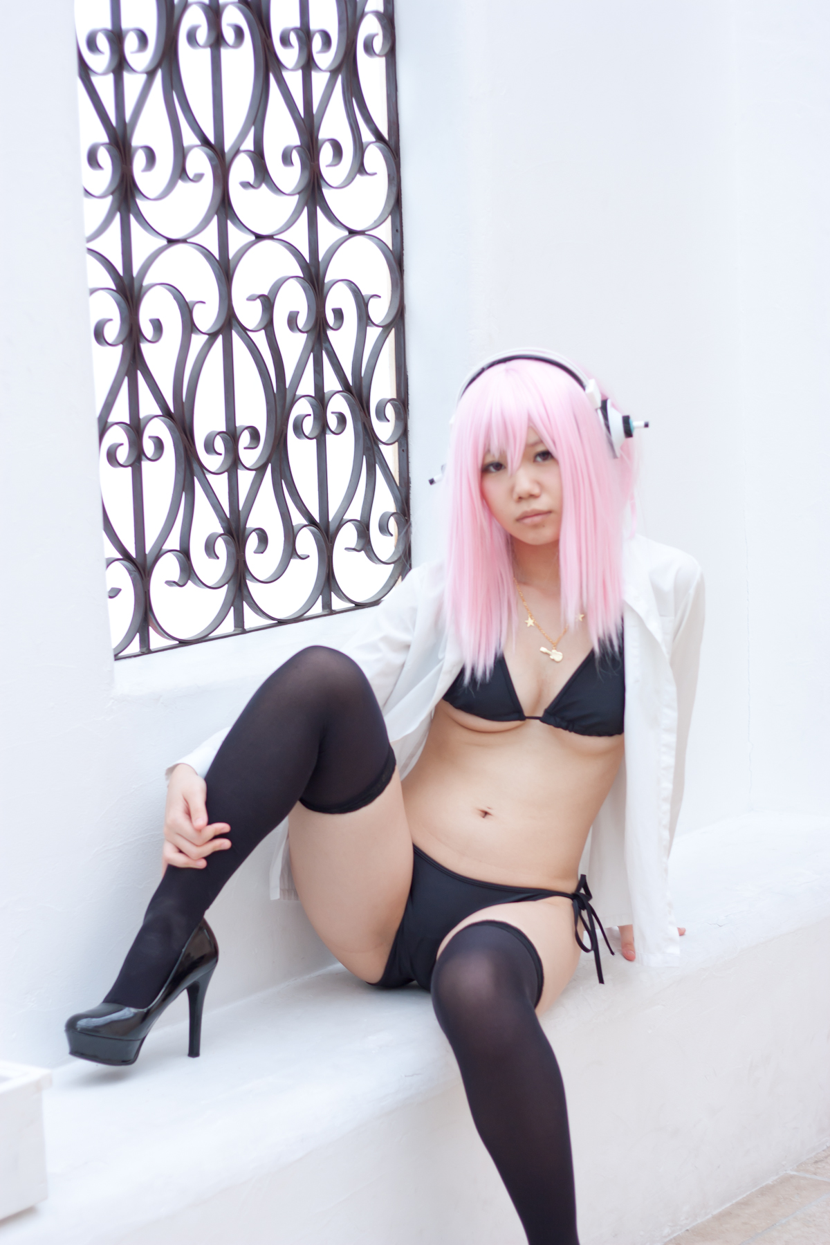 asian bikini breasts cosplay female headphones long_hair pink_hair solo