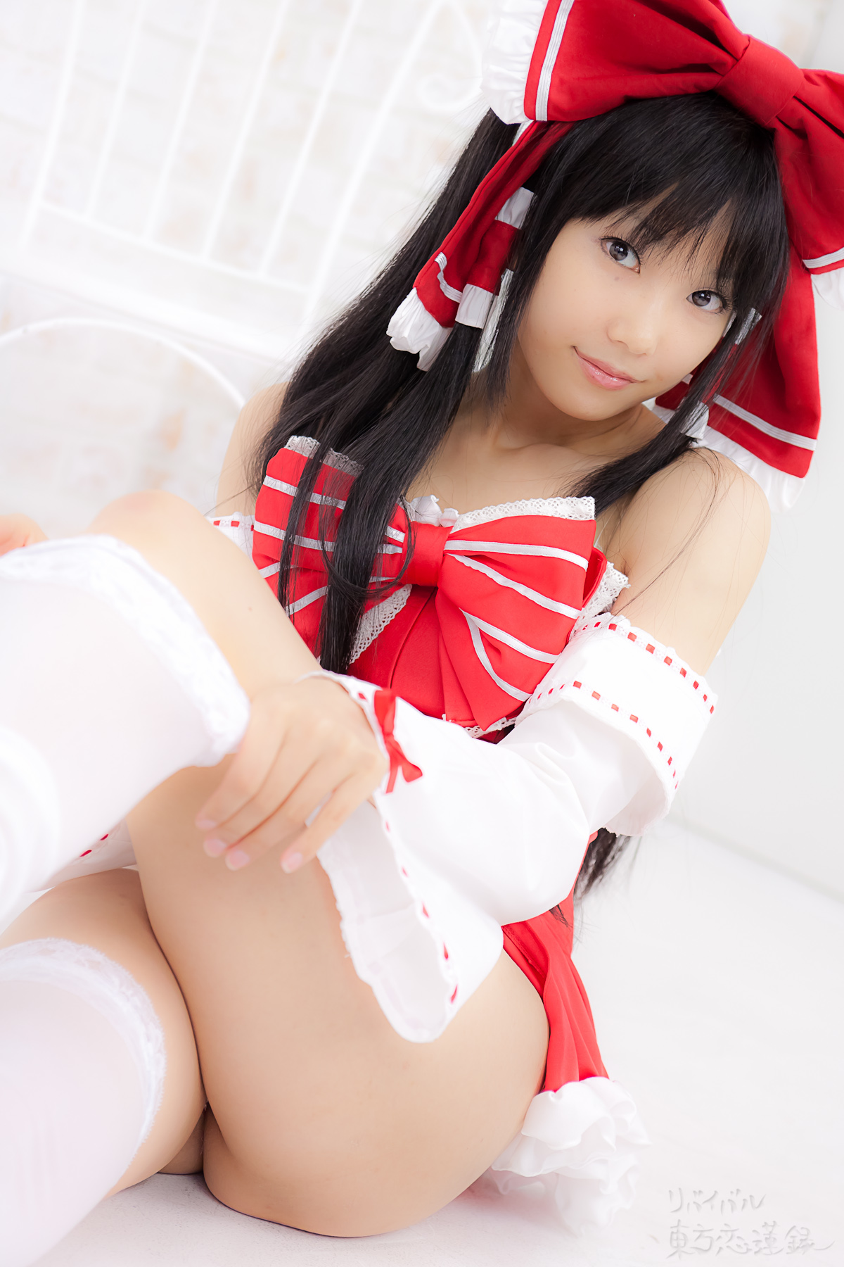 asian black_hair breasts cosplay dress female long_hair no_panties shoes solo thighhighs