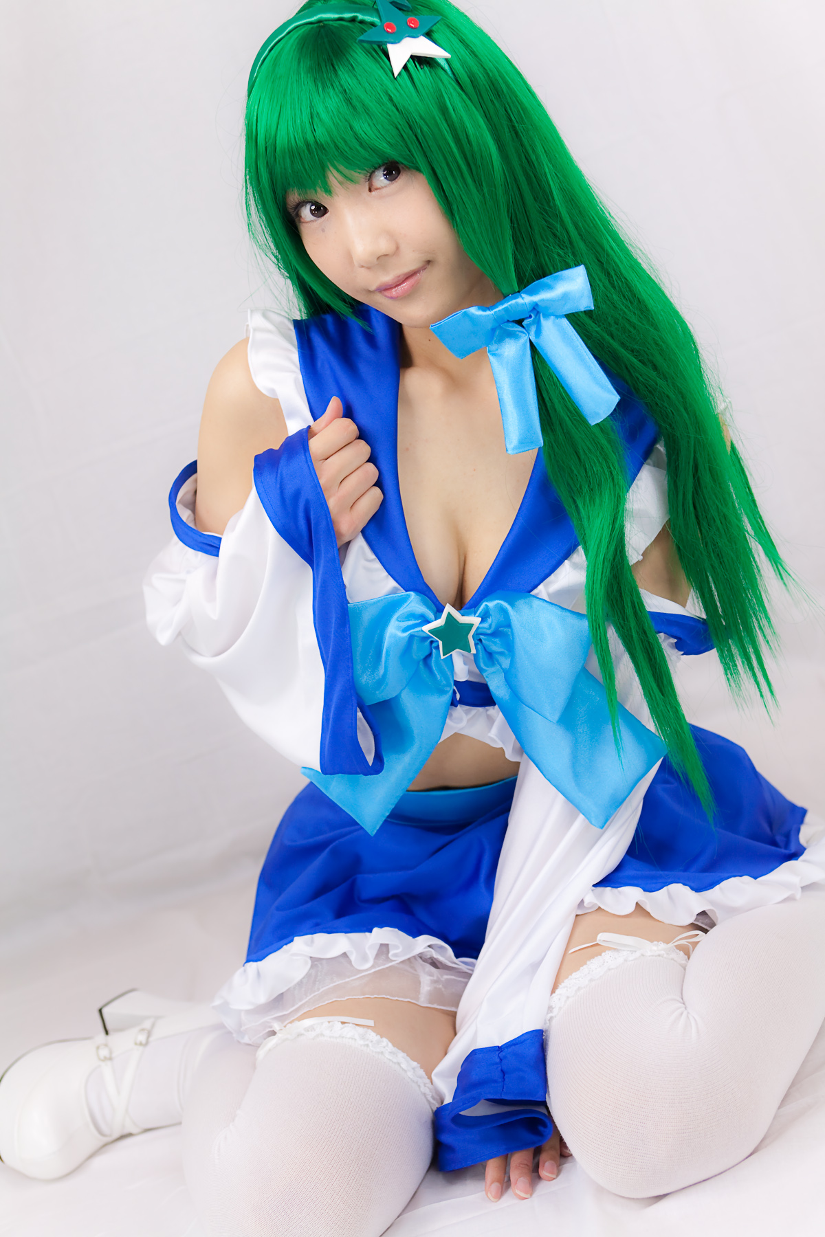 asian breasts cosplay female green_hair lenfried long_hair solo watermark