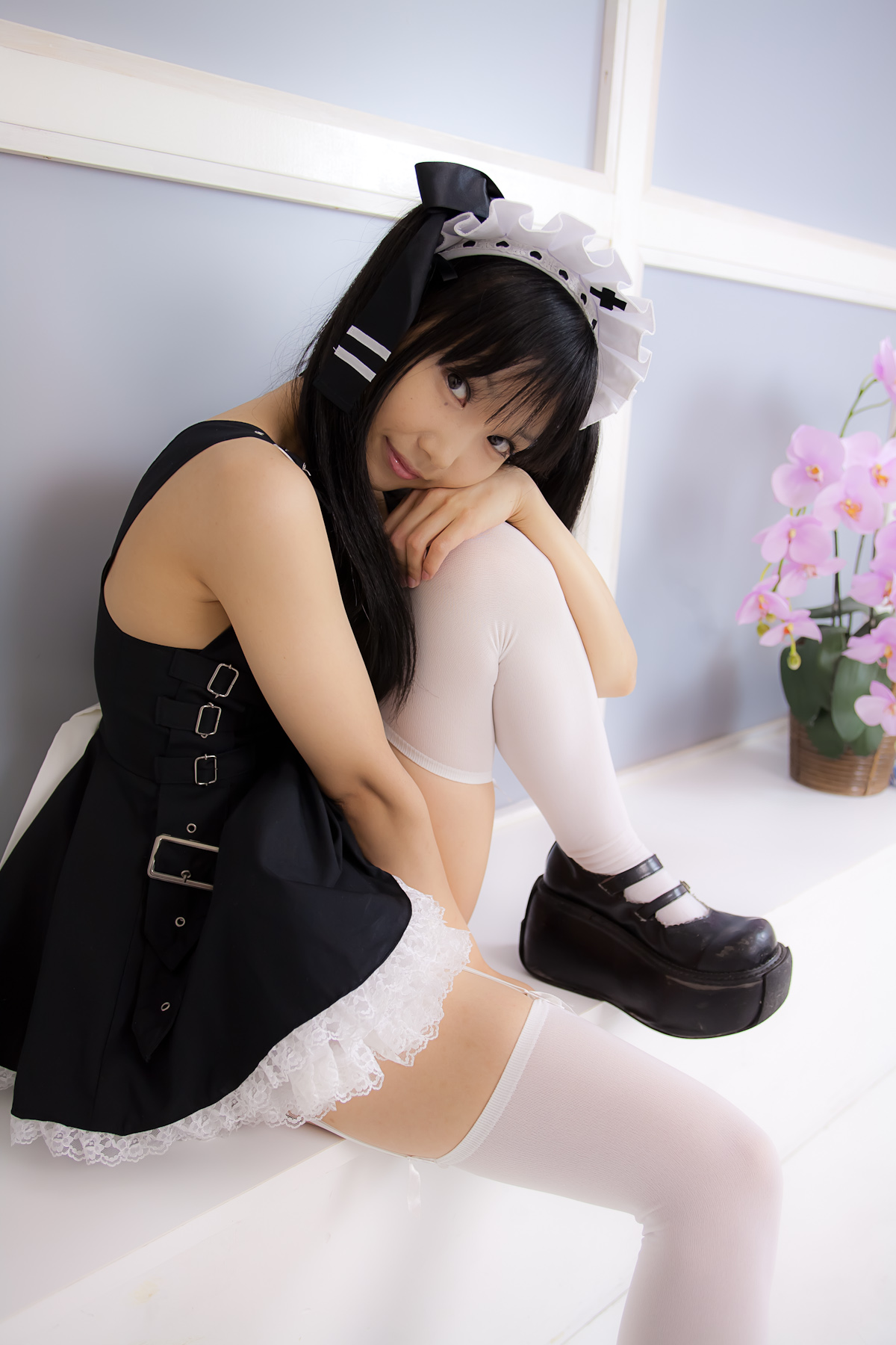 asian black_hair breasts female high_heels long_hair shoes solo thighhighs twintails