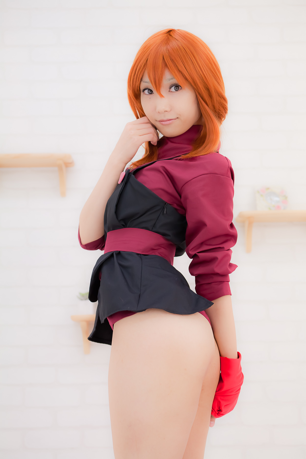 apron asian belt breasts cosplay female long_hair orange_hair sandals shoes solo