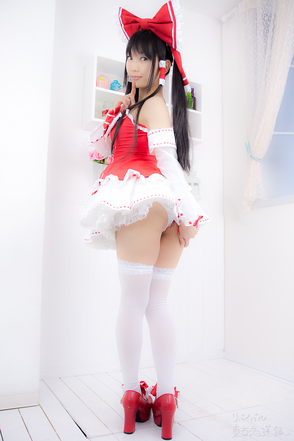 asian black_hair breasts cosplay dress female long_hair panties shoes solo thighhighs