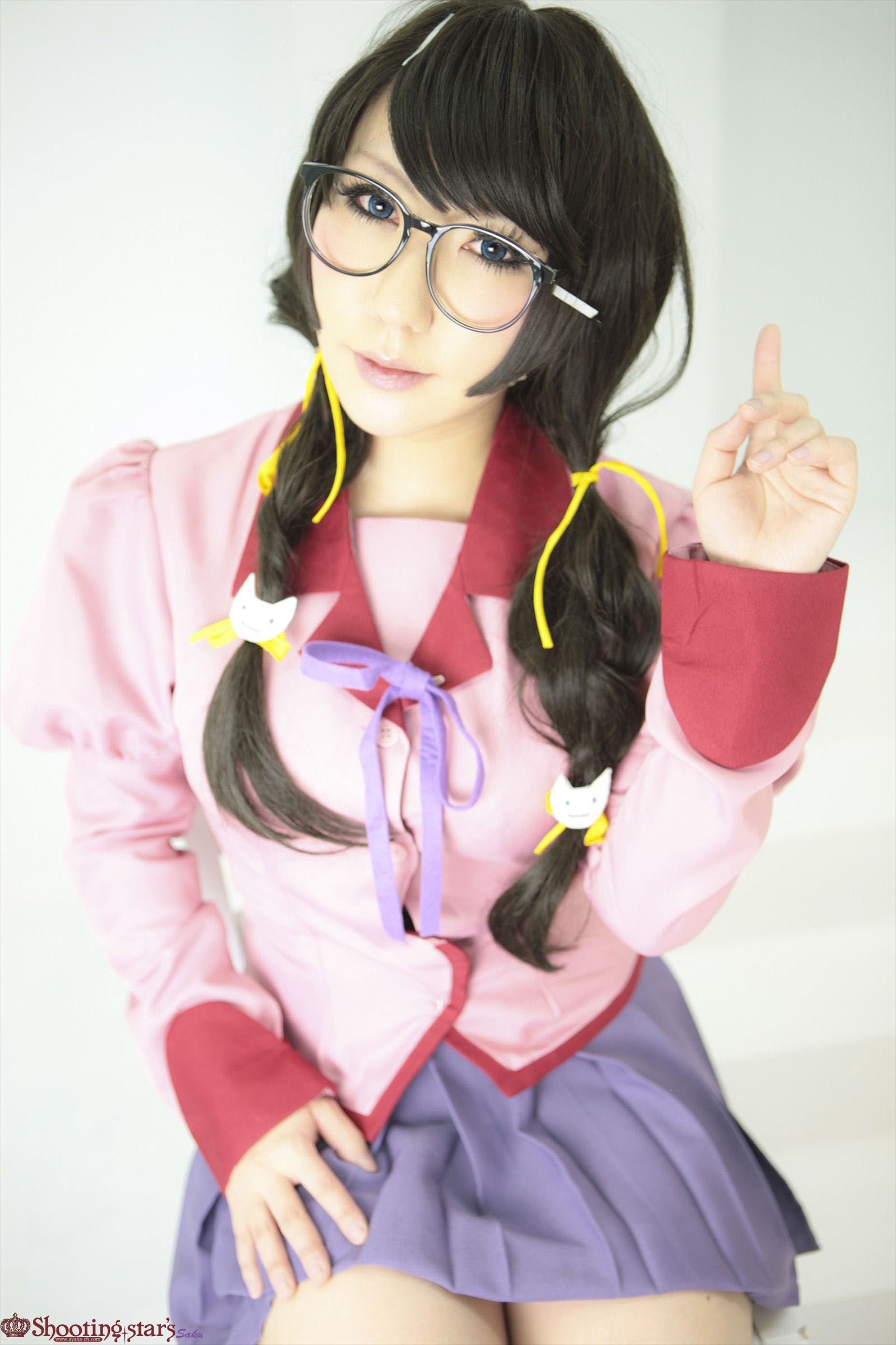 asian black_hair breasts cosplay female glasses high_heels kneehighs long_hair shoes shooting_star skirt solo watermark