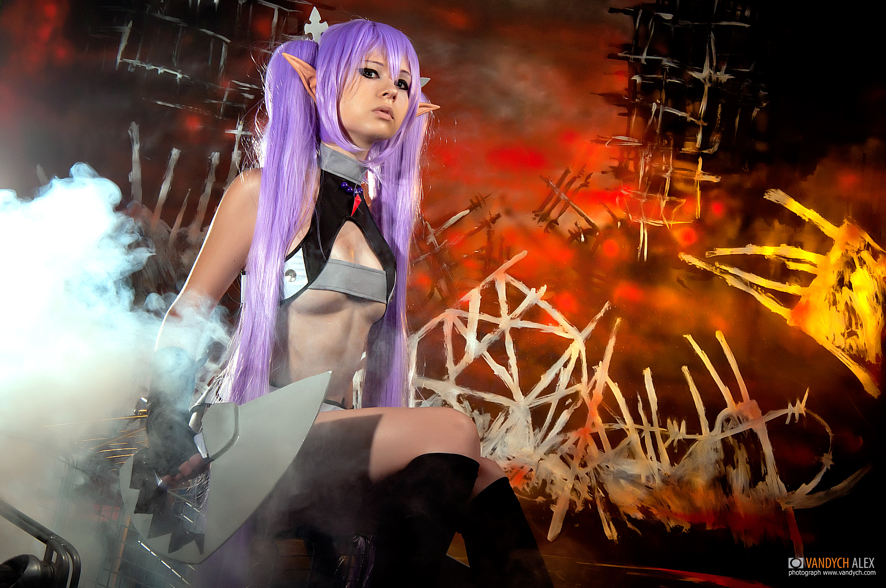 asian breasts cleavage female gloves high_heels hotpants long_hair midriff pigtails pointy_ears purple_hair shoes smoke socks solo very_long_hair