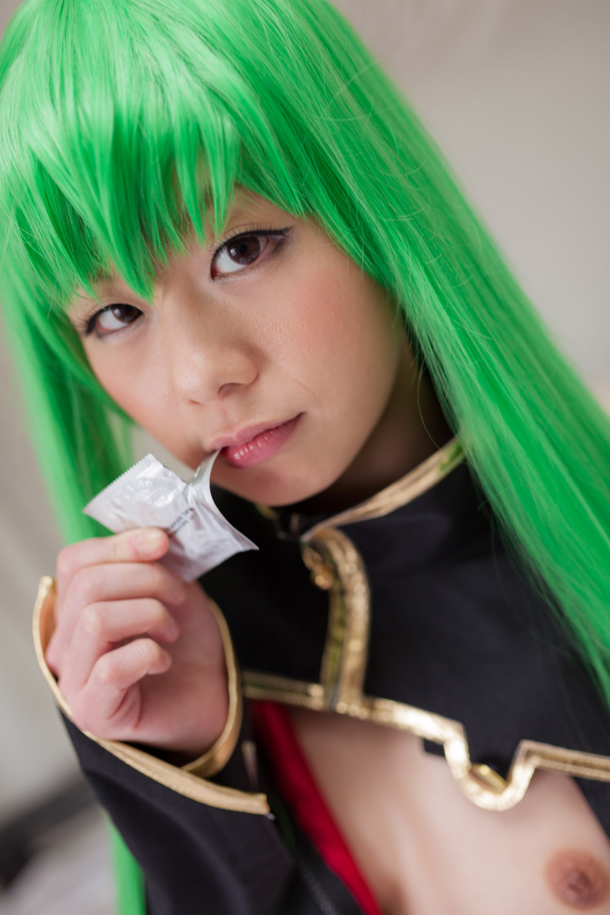 aizawa_ren asian breasts condom cosplay erect_nipples female green_hair long_hair nipples solo