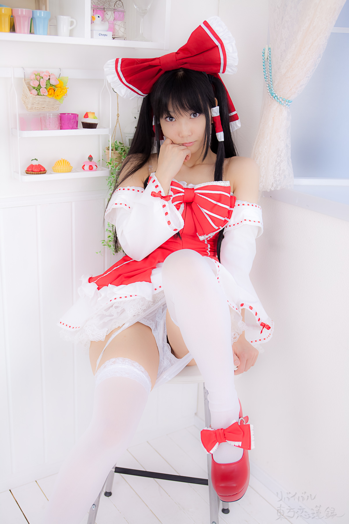 asian black_hair breasts cosplay dress female long_hair panties shoes solo thighhighs