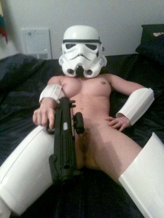 1girl ass breasts cosplay female female_only gun photo pussy pussy_hair real real_person solo star_wars stormtrooper weapon