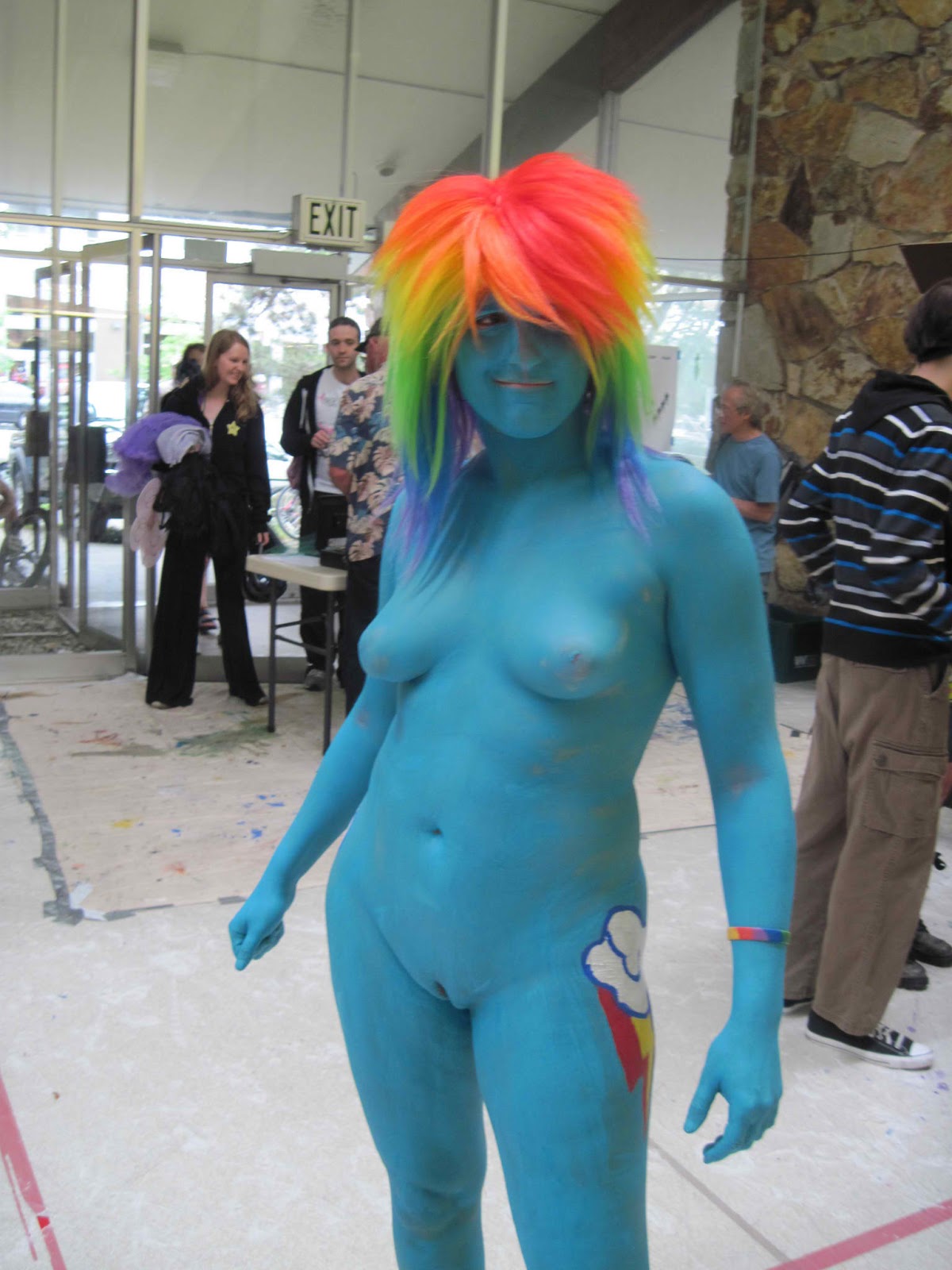 1girl body_paint breasts cosplay female long_hair my_little_pony nude outside rainbow_dash rainbow_hair solo