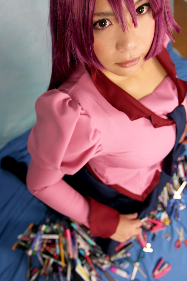 asian breasts chouzuki_maryou cosplay female huge_breasts long_hair purple_hair skirt socks solo