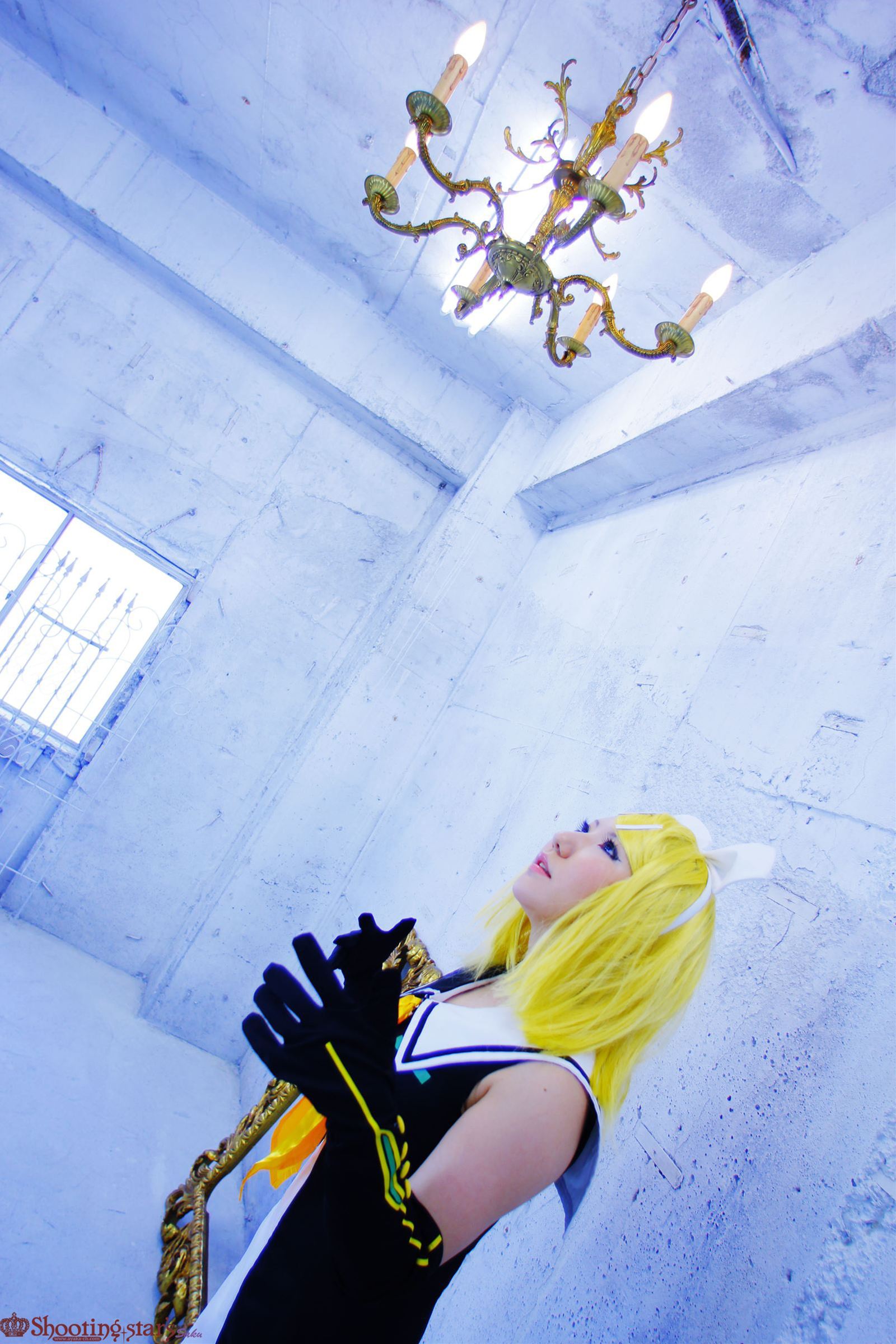 asian blonde_hair breasts cosplay elbow_gloves female gloves long_hair pigtails shooting_star solo watermark