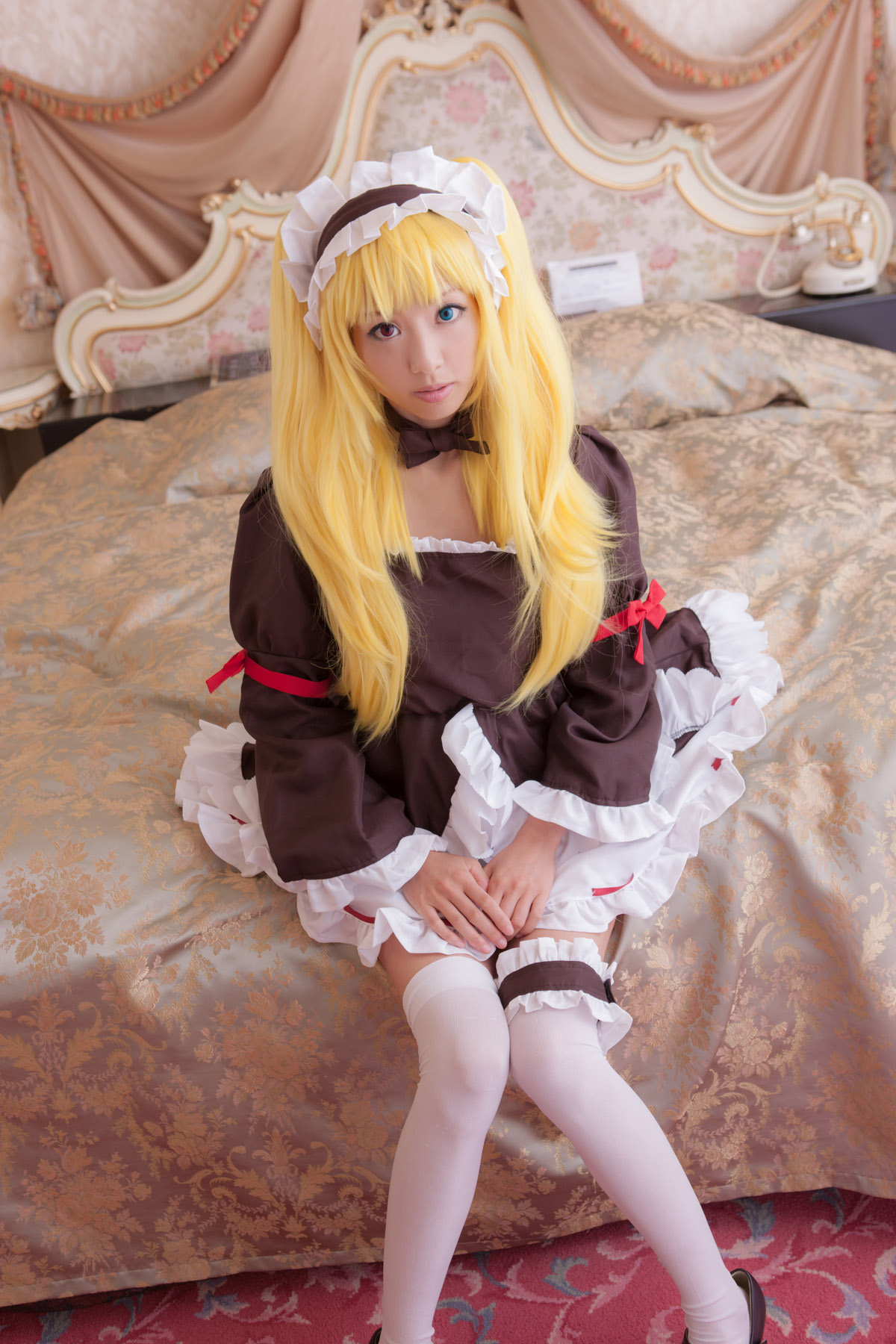 asian blonde_hair breasts cosplay dress female high_heels large_breasts long_hair shoes solo thighhighs twintails