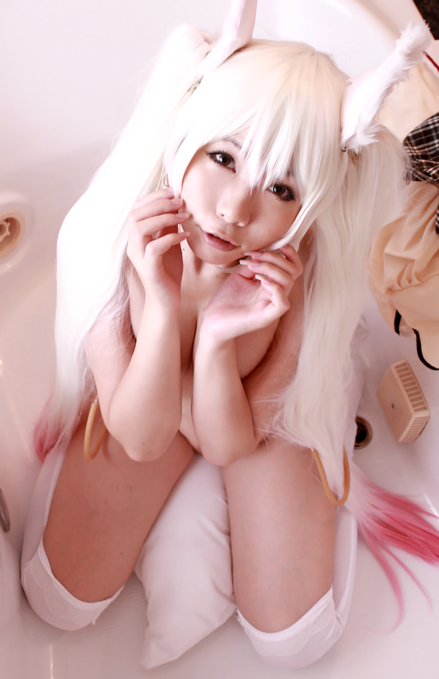 animal_ears asian breasts cosplay female long_hair navel nude pussy socks solo twintails white_hair