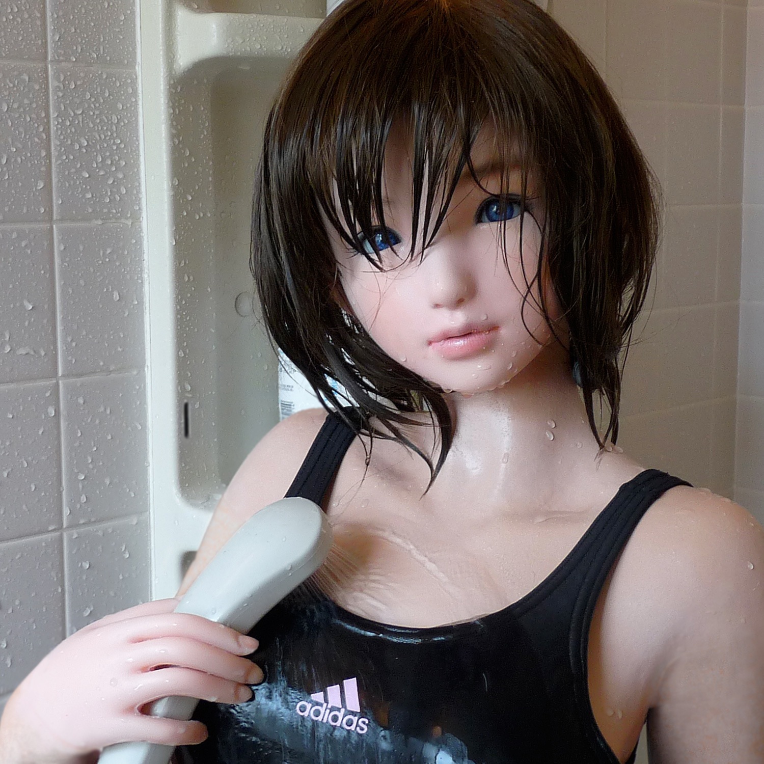 breasts brown_hair sex_doll short_hair shower solo water wet