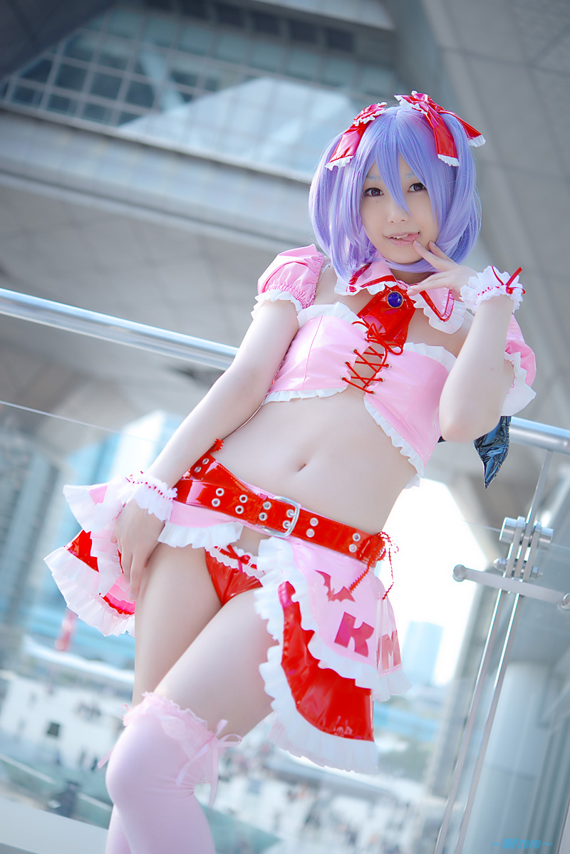 asian breasts cosplay female lenfried purple_hair short_hair solo watermark