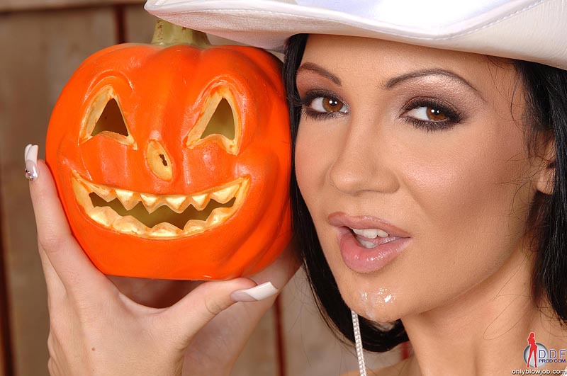 1girl cum cum_on_face ddf facial female female_only halloween photo pumpkin real_person solo