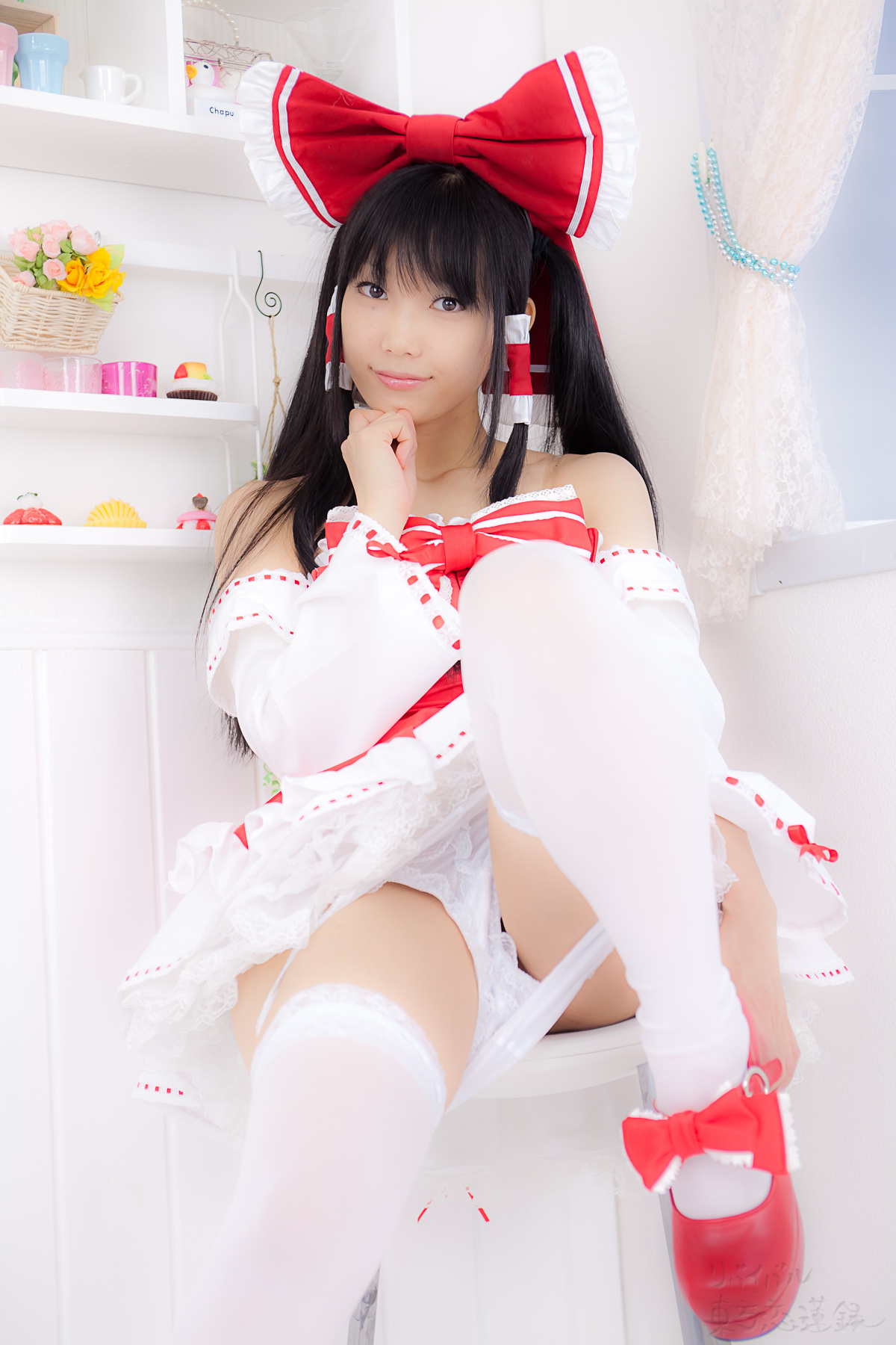 asian black_hair breasts cosplay dress female long_hair panties shoes solo thighhighs