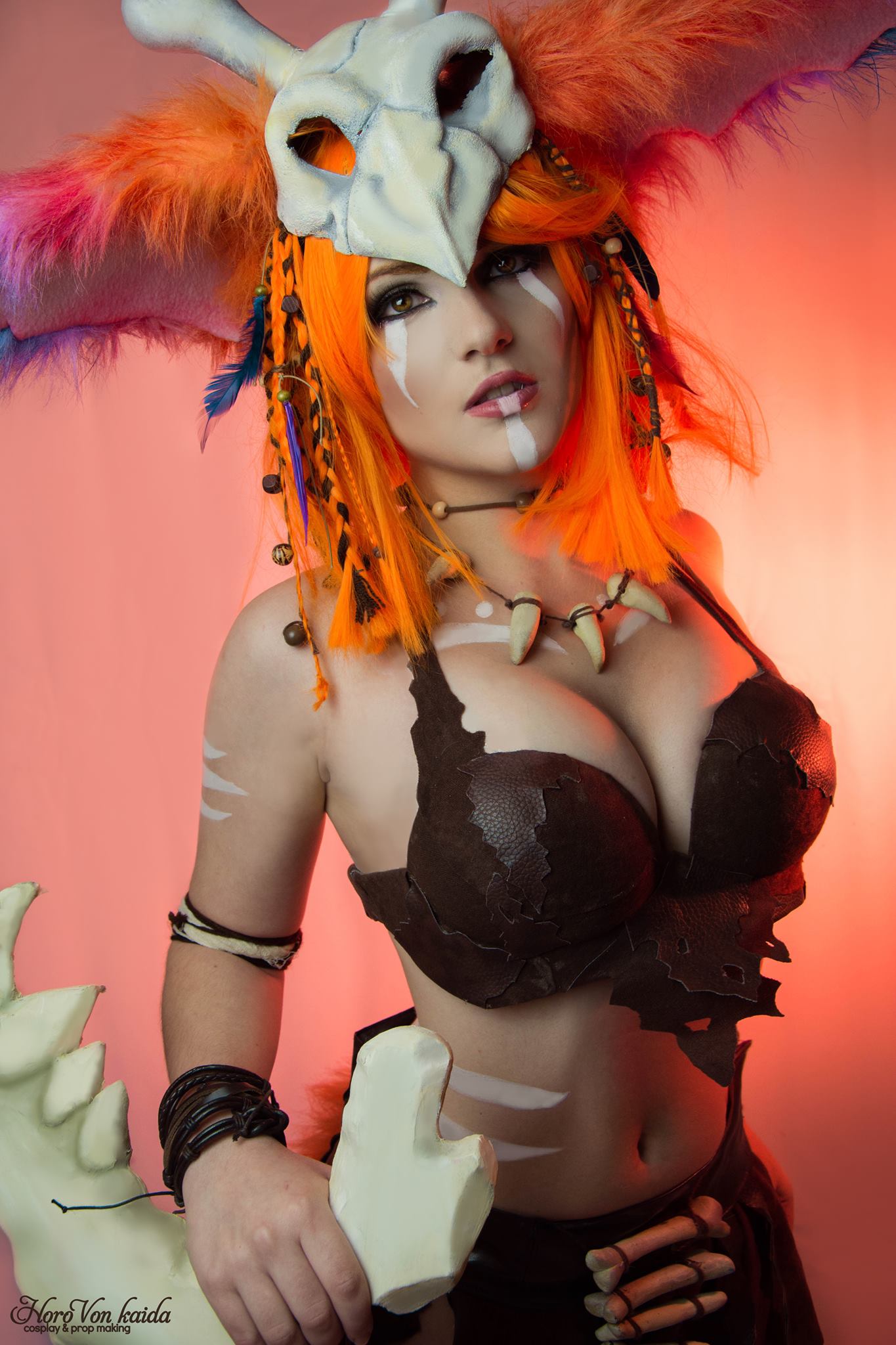 big_breasts breasts cleavage clothing cosplay female female_only gnar gnar_(cosplay) highres league_of_legends looking_at_viewer midriff orange_hair stomach
