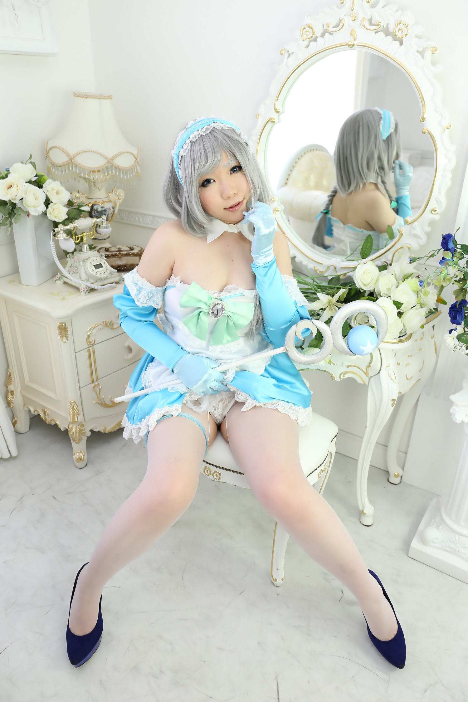 asian breasts cosplay dress female gloves gray_hair high_heels long_hair shoes solo thighhighs