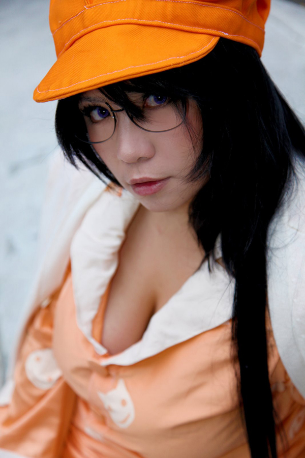 asian black_hair breasts chouzuki_maryou cosplay female glasses hat huge_breasts long_hair outside pajamas solo