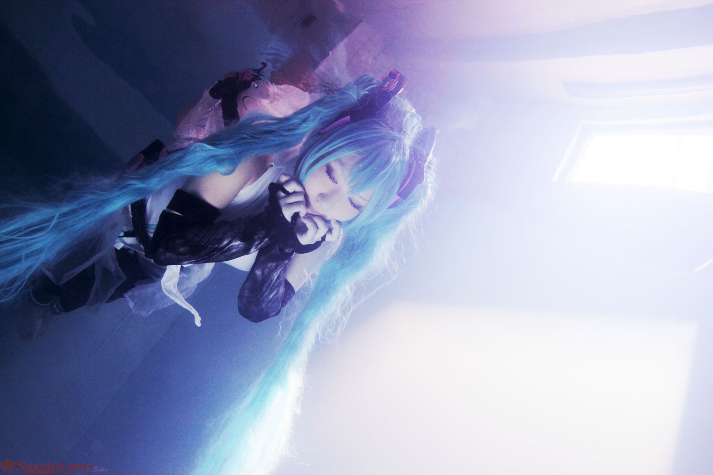 aqua_hair asian breasts cosplay elbow_gloves female gloves long_hair pigtails shooting_star solo watermark