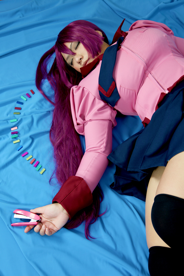 asian breasts chouzuki_maryou cosplay female huge_breasts long_hair purple_hair skirt socks solo