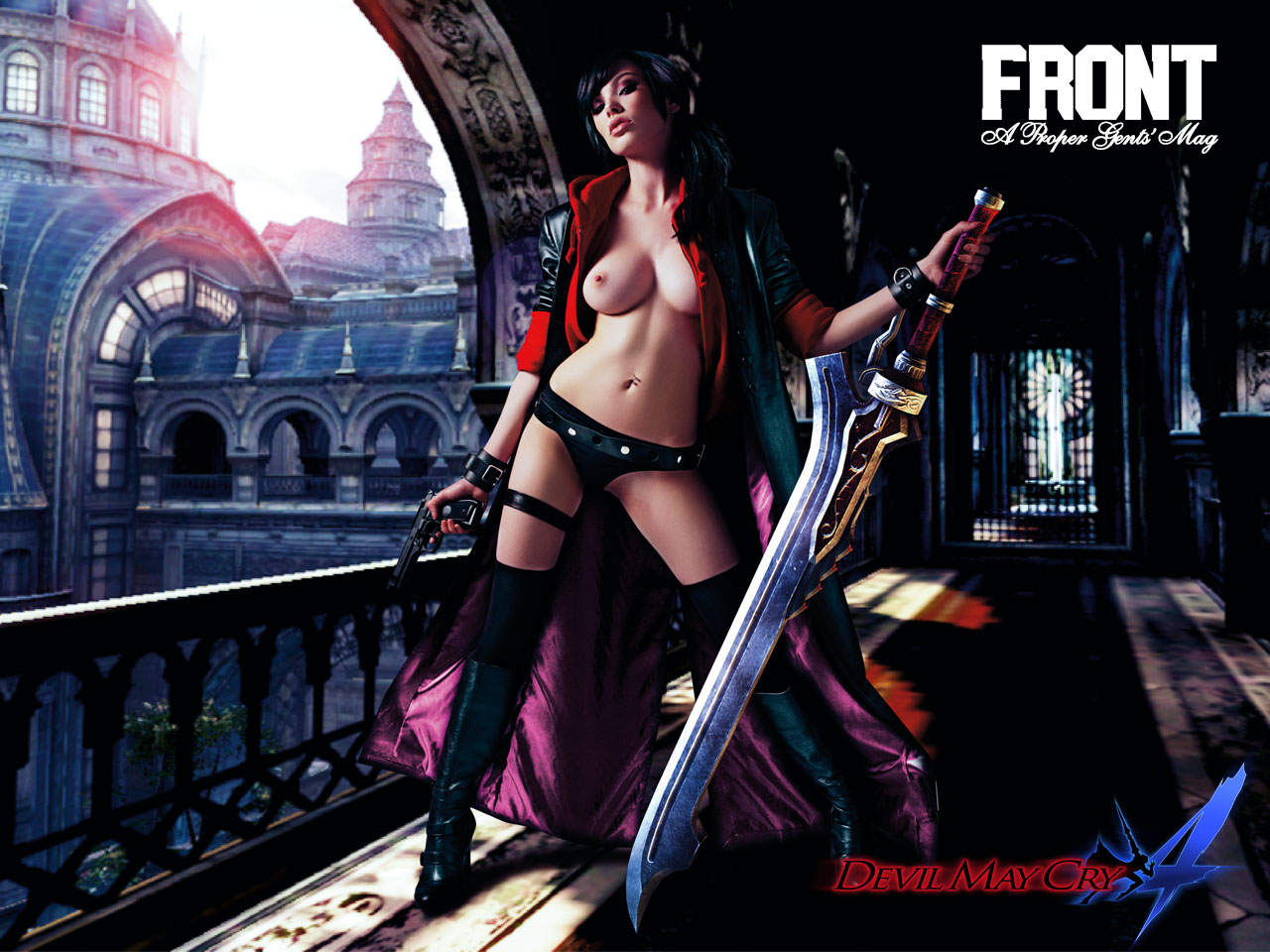 breasts capcom cosplay devil_may_cry devil_may_cry_4 gun nero nero_(devil_may_cry) photo_manipulation rule_63 sword topless trenchcoat vikki_blows weapon