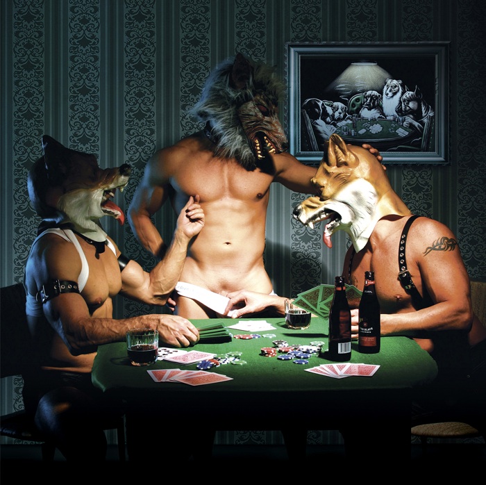 3boys bad_behaviour_publishing beer canine cards chair gay glass leather male male_only mask nipples picture poker table wolf