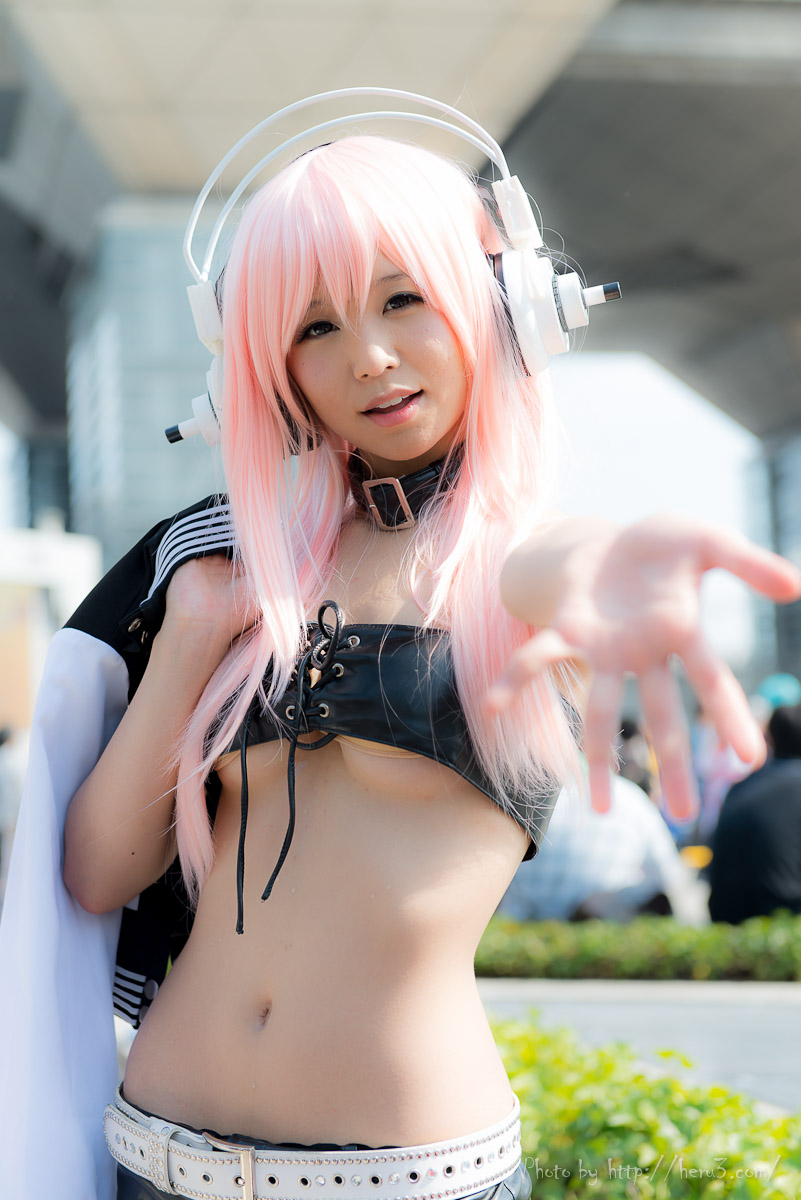 asian breasts cosplay long_hair outside pink_hair super_sonico tagme