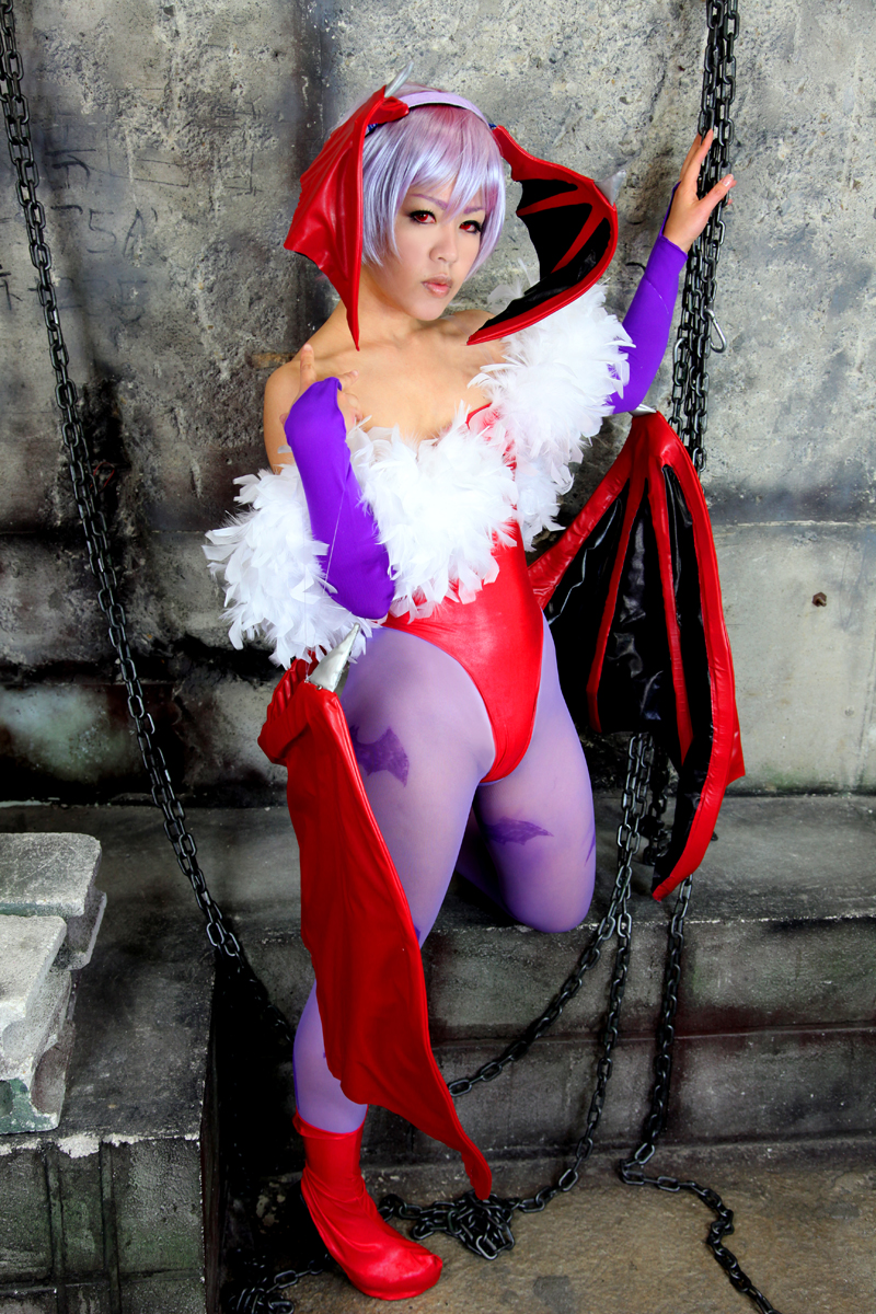 1girl bare_shoulders breasts clothed cosplay darkstalkers female female_only leotard lilith_aensland looking_at_viewer non-nude pmsolo purple_hair short_hair solo succubus suzuka_itsuki thong_leotard watermark wings