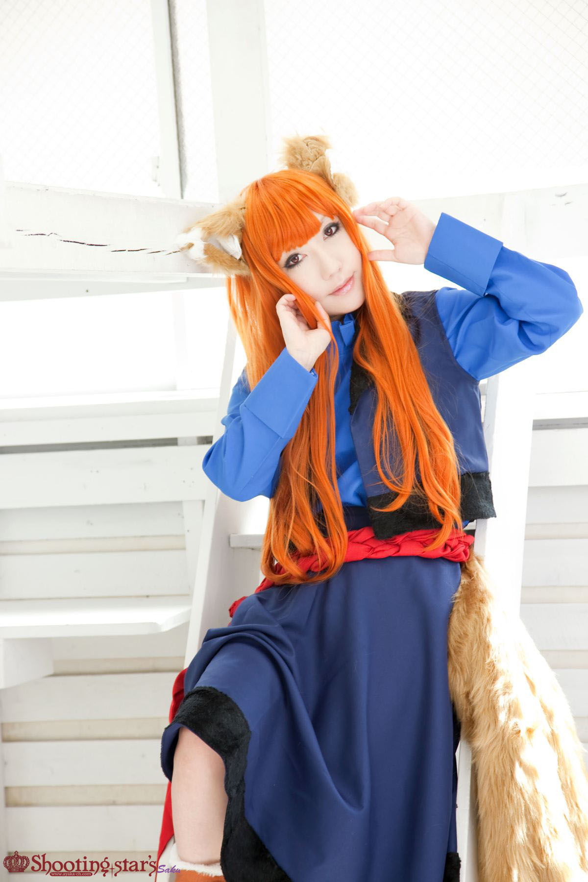 animal_ears asian breasts cosplay female long_hair orange_hair shooting_star solo watermark