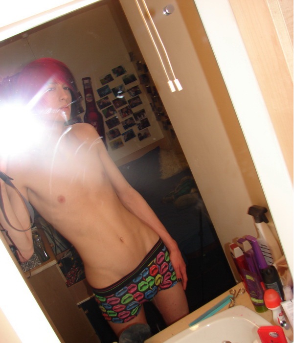 abs boxers brown_eyes emo gay leather_jacket male multicolored_hair pale_skin penis photo pose self_shot