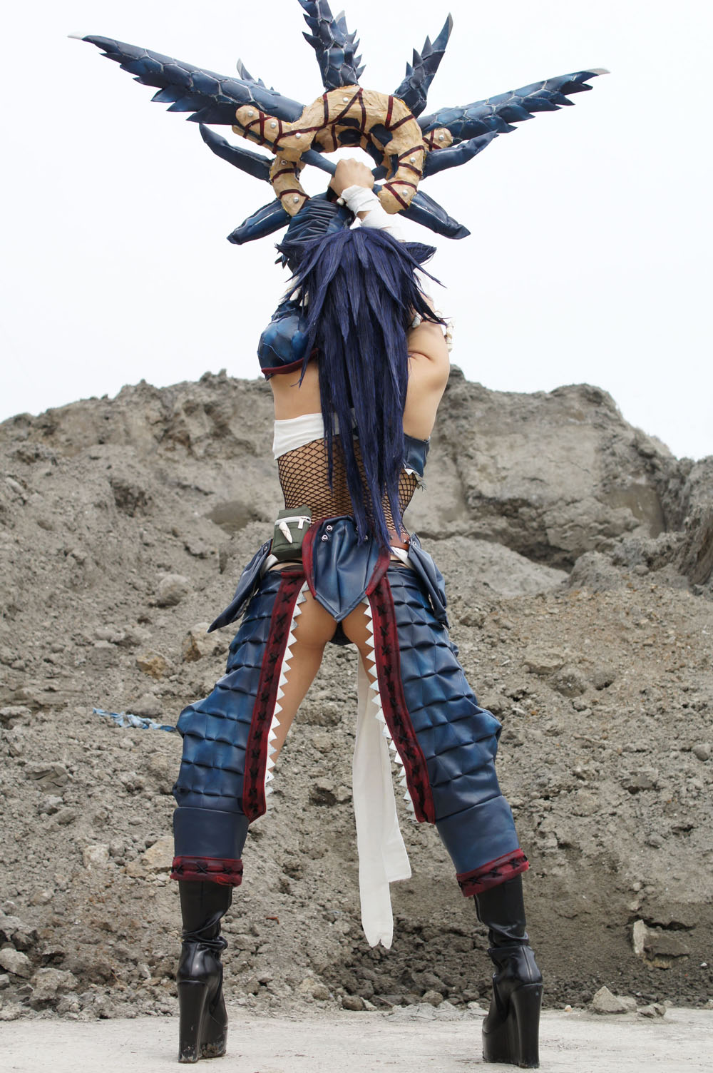 animal_ears asian ass blue_hair boots breasts female fishnets headband high_heels large_breasts long_hair looking_back navel nonsummerjack solo