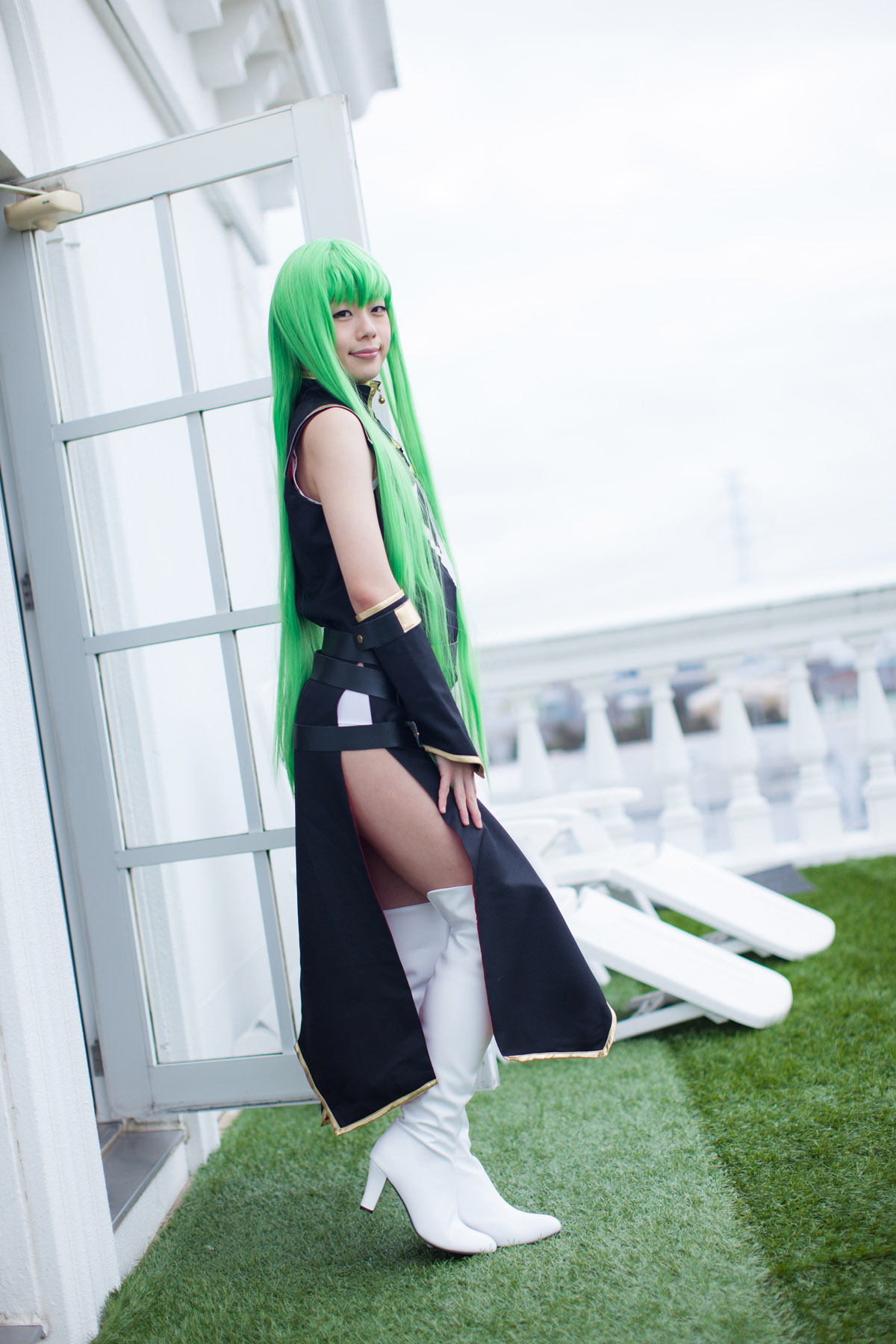 aizawa_ren asian ass boots breasts cosplay female green_hair high_heels long_hair looking_back outside solo
