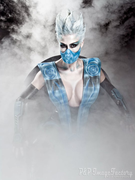 1girl big_breasts breasts cosplay female female_only frost large_breasts marie-claude_bourbonnais mortal_kombat photo short_hair solo watermark white_hair