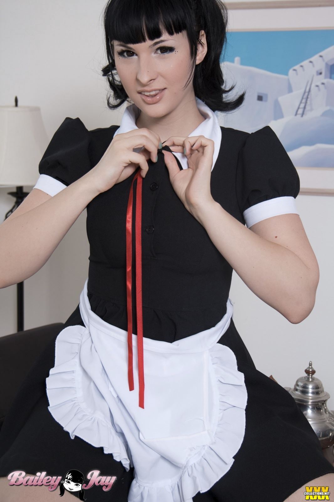 bailey_jay black_hair breasts large_breasts long_hair maid ponytail shemale solo watermark