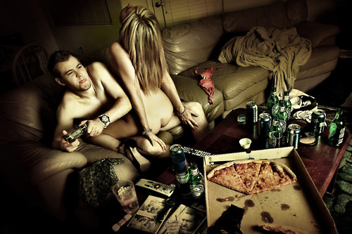 1boy 1girl blonde cowgirl_position duo faceless_female female gamer high_heels house male multitasking nude photo pizza