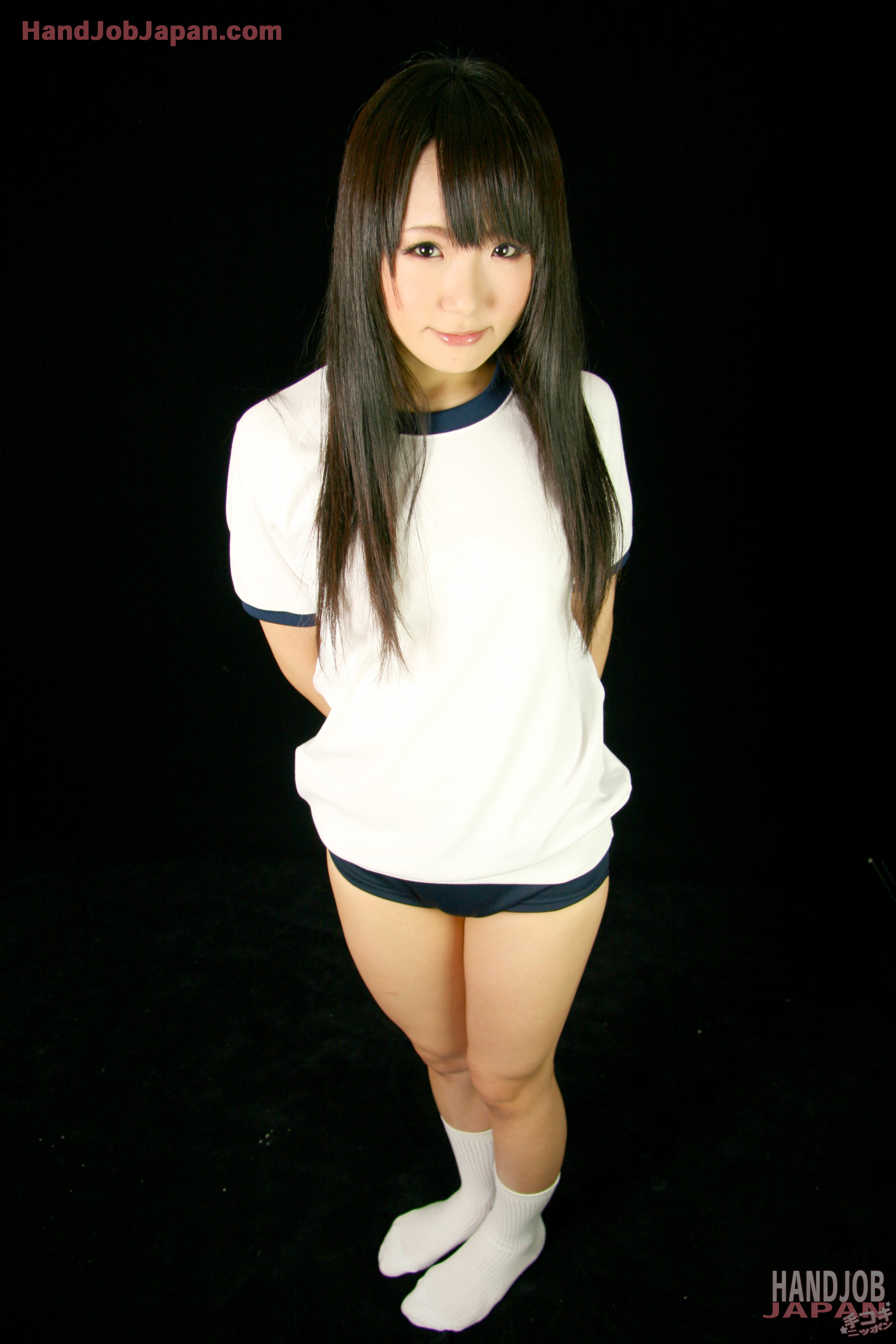 asian black_hair breasts female long_hair mizushima_ai simple_background socks solo watermark
