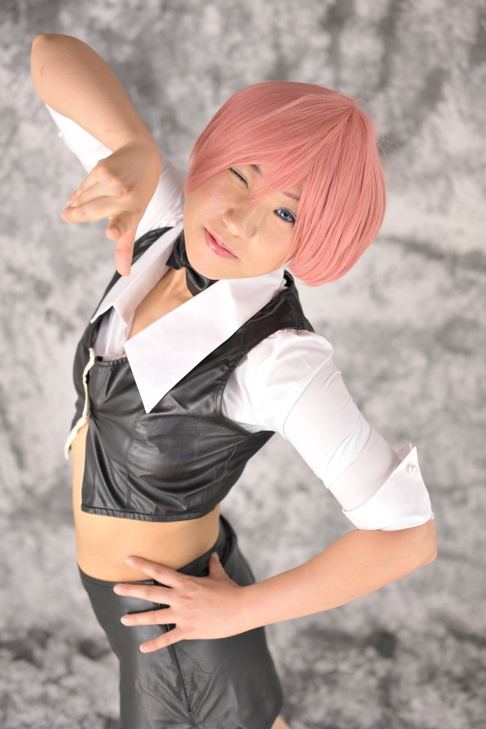 asian breasts female high_heels midriff navel pink_hair shoes short_hair skirt solo